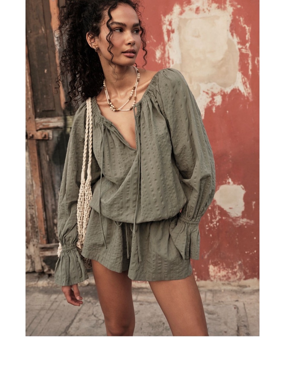 Free People Olive Green Long-Sleeve Romper with Drawstring Waist
